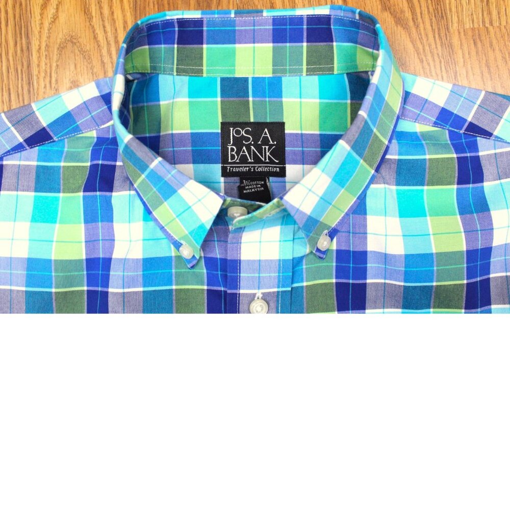 JOS. A. BANK TAILORED FIT 100% COTTON SHIRT WHITE, BLUE & GREEN Sz LARGE, L
